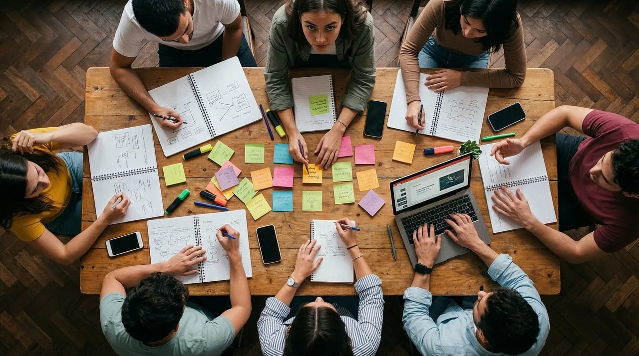 eam, workshop, office, collaboration, sticky notes, planning, strategy, brainstorming, table, overhead, people, working, laptop, notebooks, creativity, business, meeting, together, analysis, group, ai generated. Questions nonprofit content teams ask before greenlighting a campaign