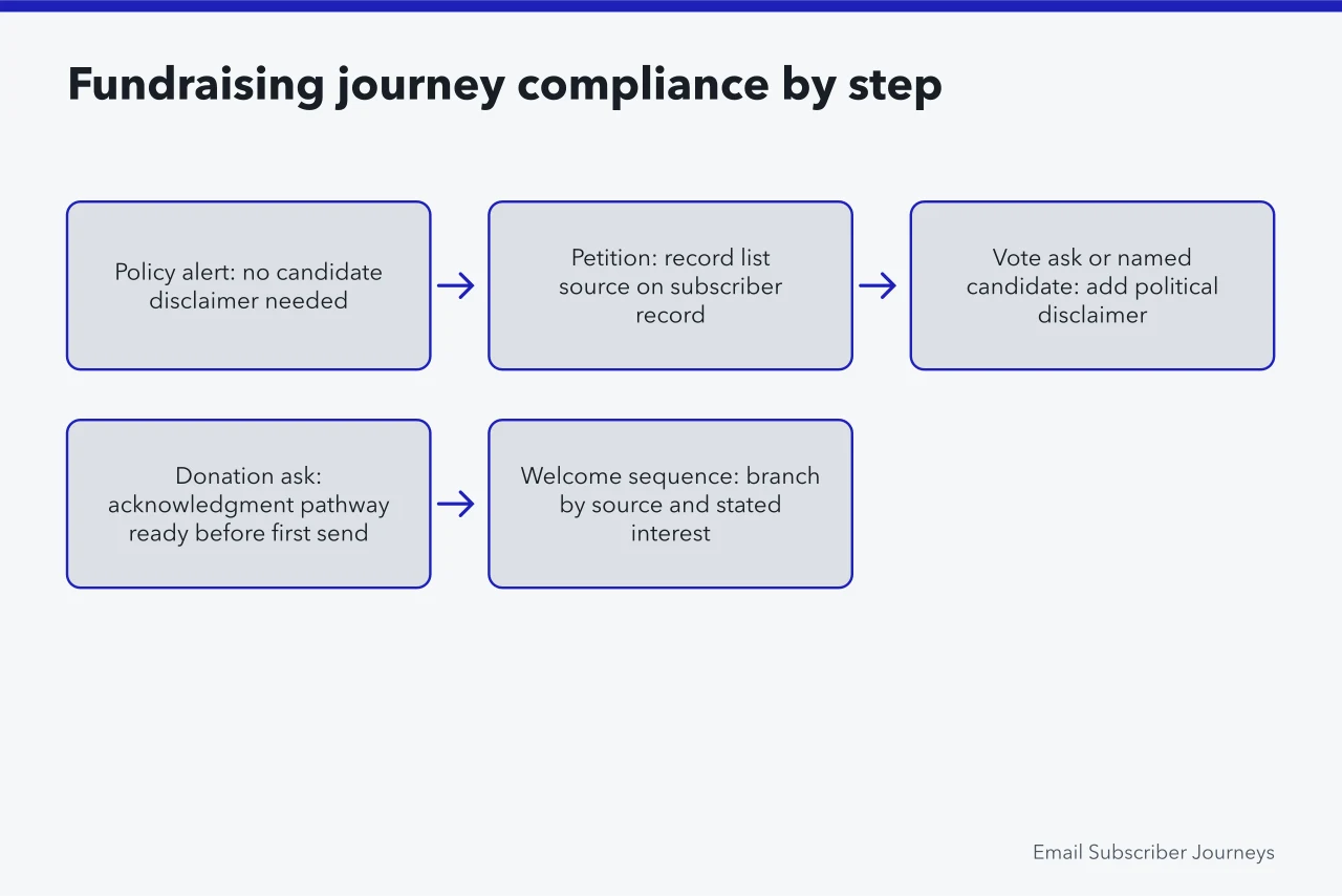 Flow of a D.C. fundraising journey showing where each compliance rule attaches (Nonprofit email journeys in Washington, D.C. under FEC and IRS rules)