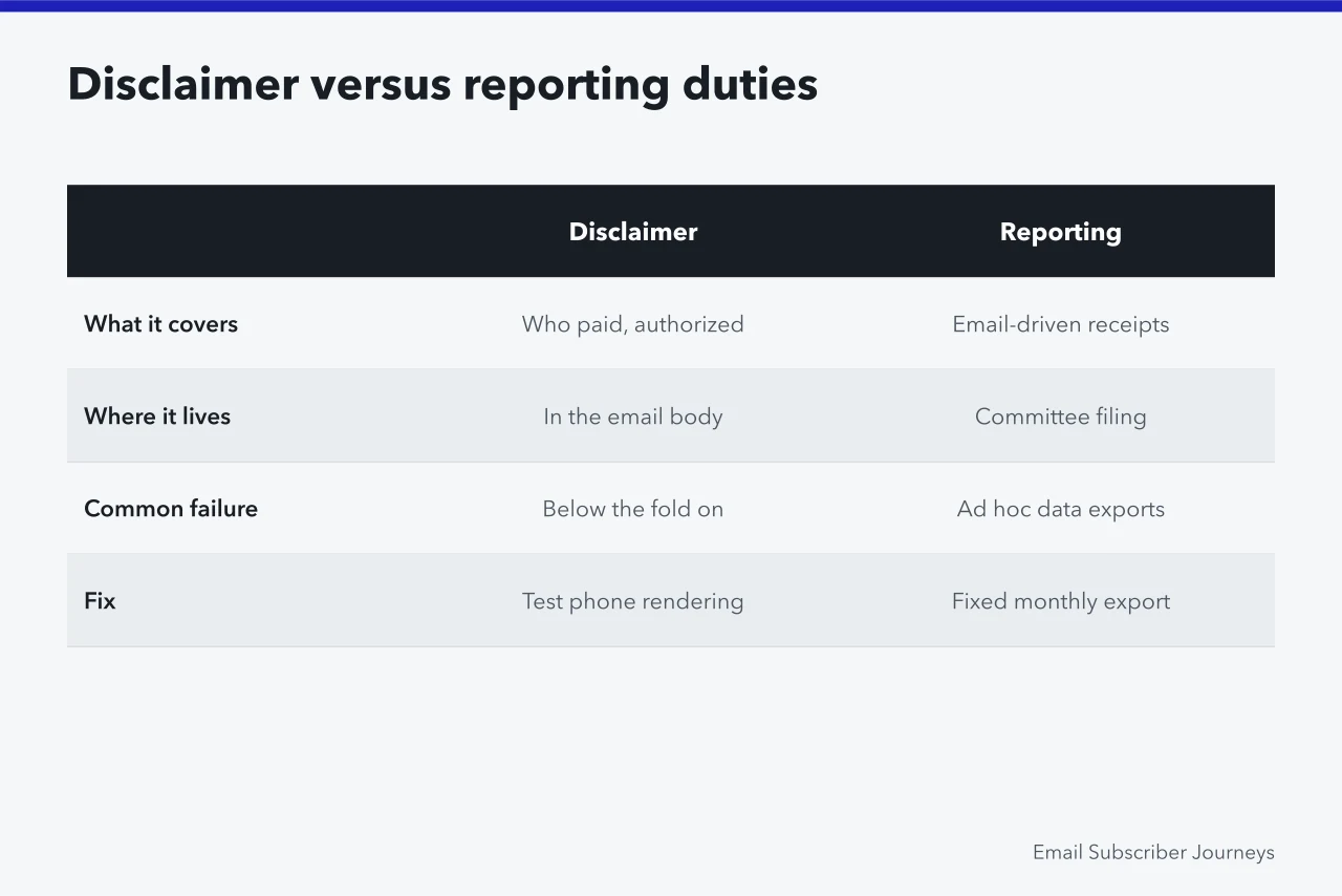 Comparison table of political email disclaimer and reporting duties (Nonprofit email journeys in Washington, D.C. under FEC and IRS rules)